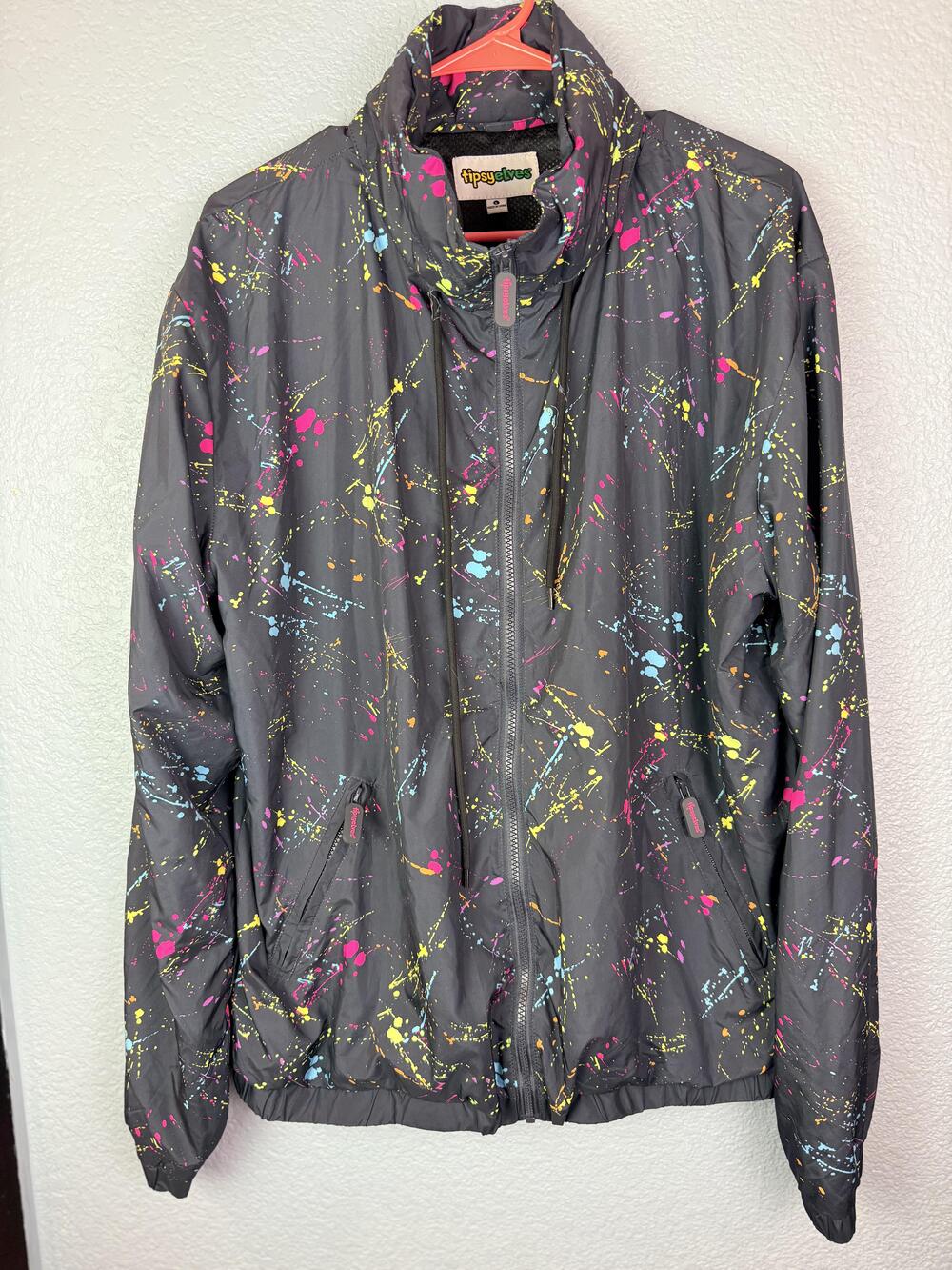 Tipsy Elves Jacket Mens Large Gray Neon Paint Splatter Full Zip Windbreaker